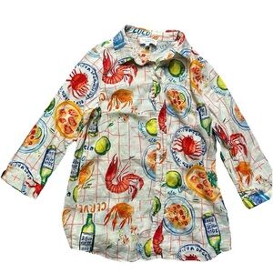 Calypso St. Barth Linen Tunic Small Seafood Print Button Down Beach Coast Maine